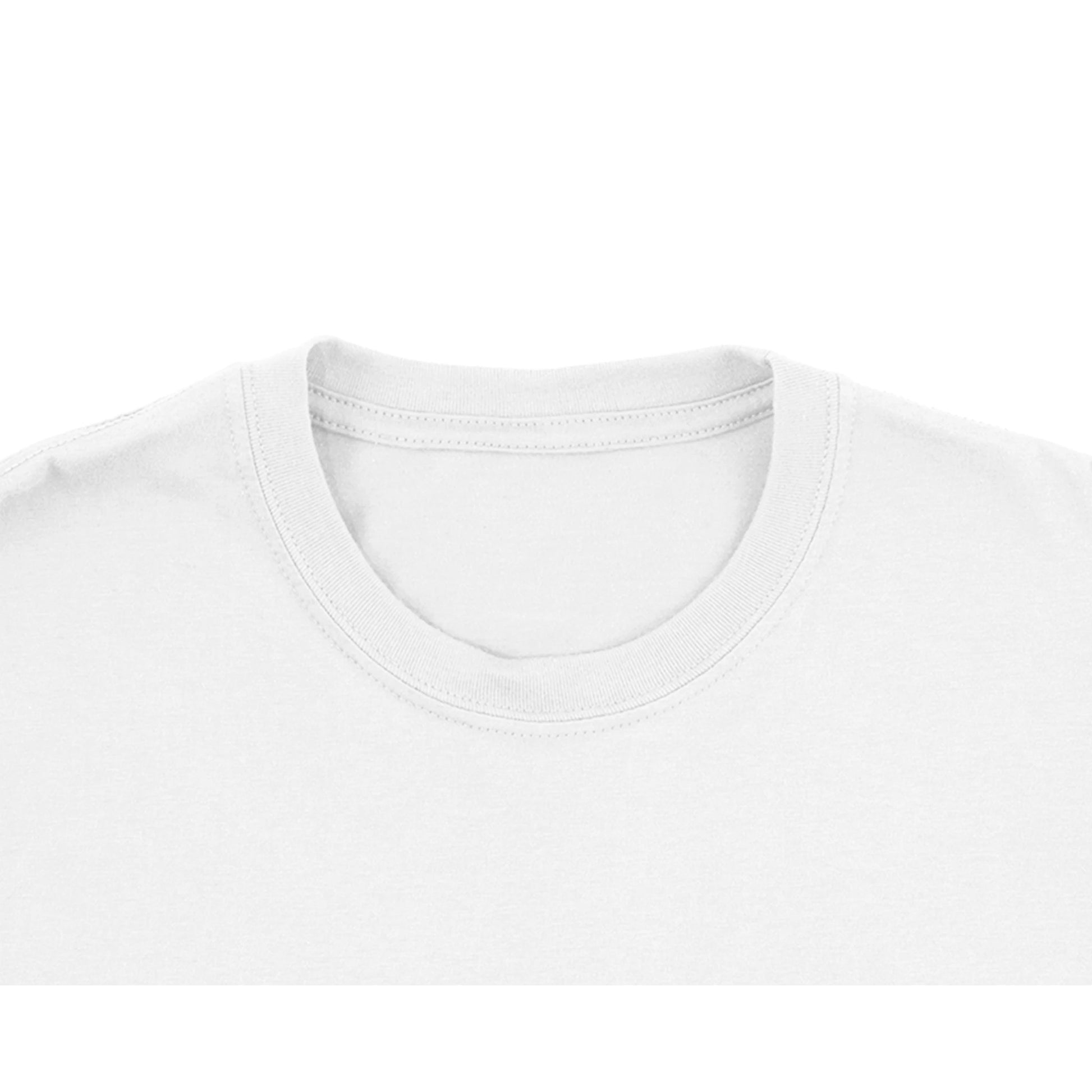 Close-up of a white t-shirt collar on a white background