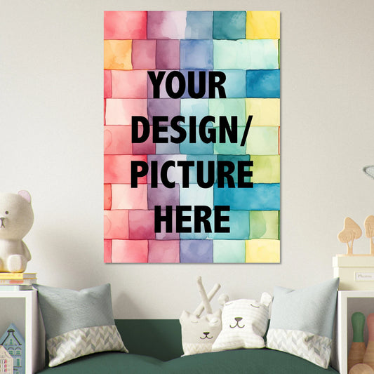 custom poster, Colorful abstract wall art with text 'Your Design/ Picture Here' in a room setting.