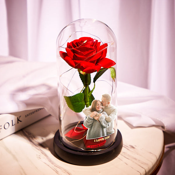 Personalised Photo and Text Led Night Light / Glass Cover with Eternal Red Rose Flower