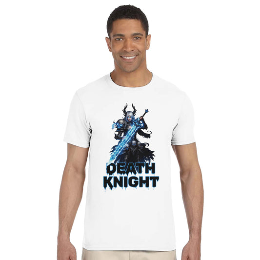 Man wearing a white t-shirt with 'Death Knight' graphic design on a white background