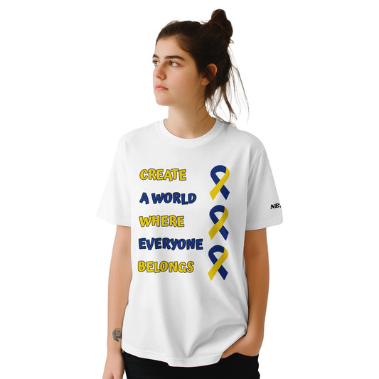 down syndrome shirt with ' create a world where everyone belongs' text, woman wearing a white t-shirt with a blue and yellow ribbon design and text.