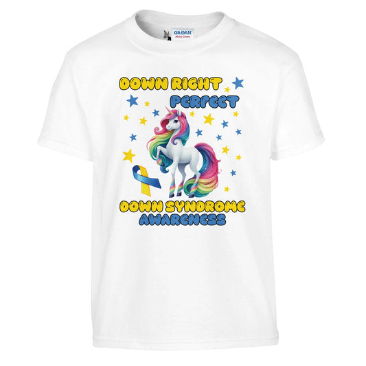 White kids t-shirt with a unicorn design and text for Down Syndrome Awareness on a white background