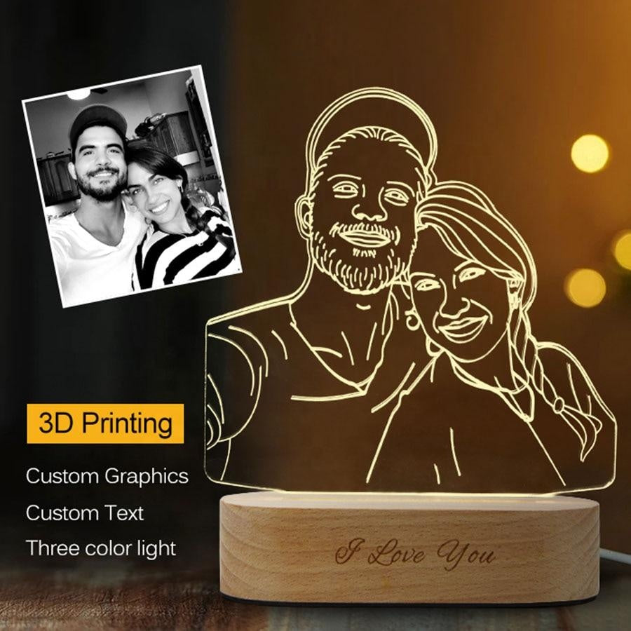 Personalised Picture Night Light With Engraved Wooden Base / Any Shape 3D Acrylic