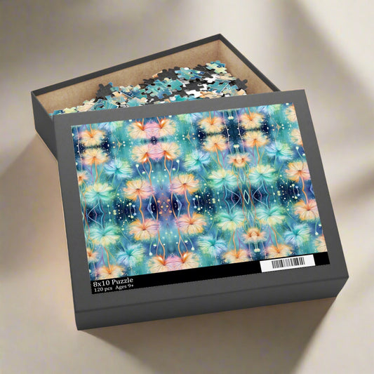 Jigsaw puzzle in a box with a colorful floral design on the cover