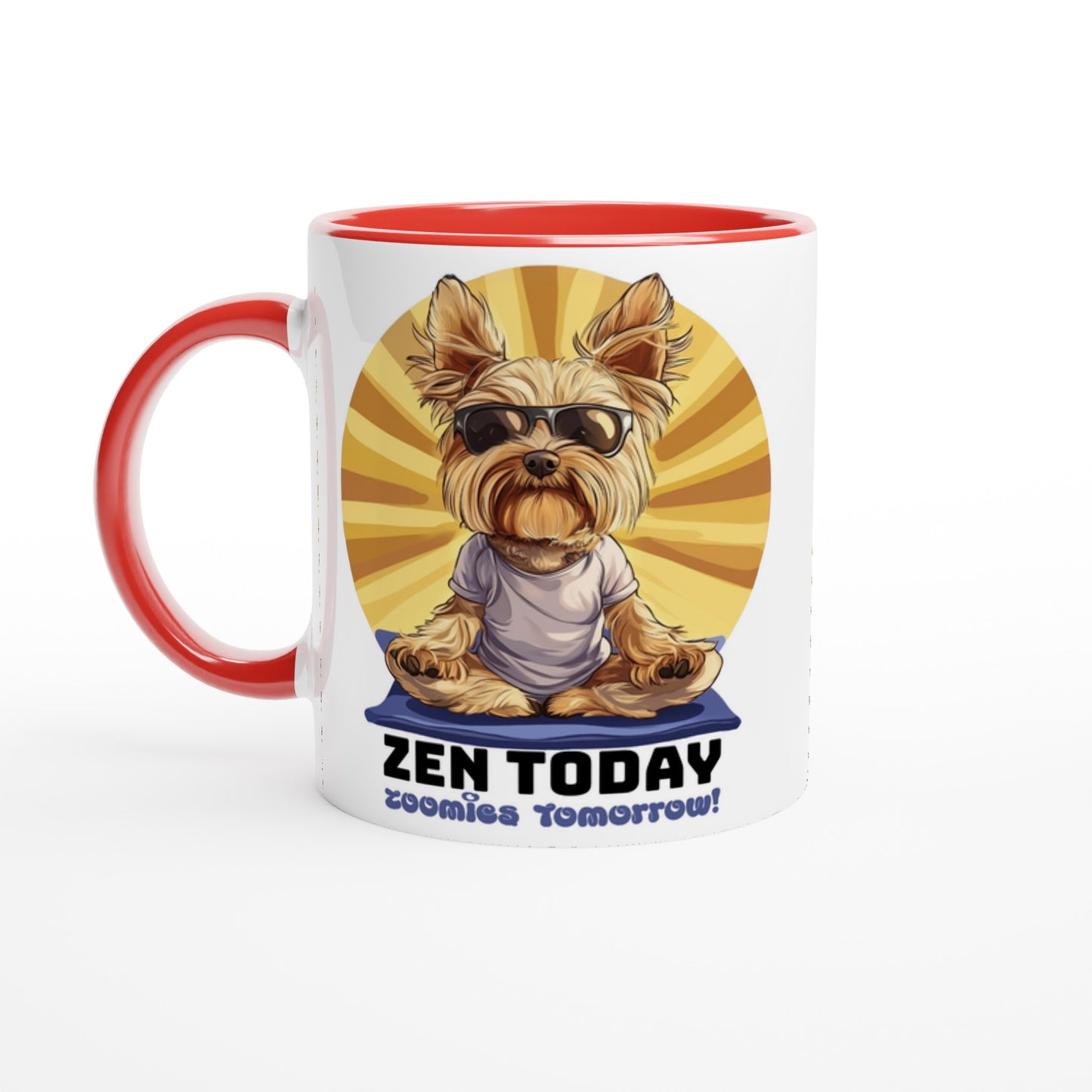 A white ceramic mug with red inside, with a funny illustration of a Yorkshire Terrier in a yoga pose, with the phrase 'ZEN TODAY' written on it.