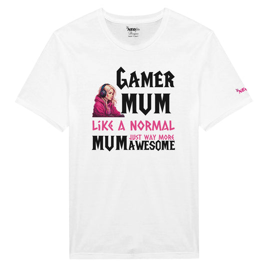 A white crew-neck t-shirt with text and a graphic design related to gaming. text says 'gamer mum like a normal mum just more awesome'