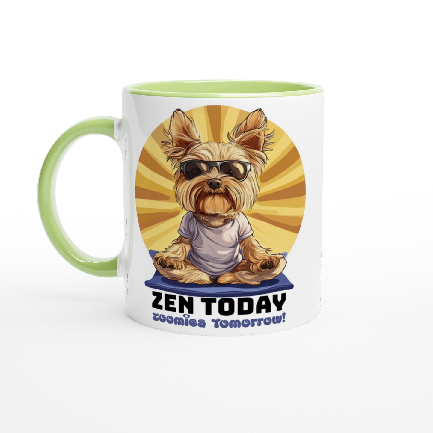 A white ceramic mug with green inside,  with an illustration of a Yorkshire Terrier in a yoga pose, with the phrase 'ZEN TODAY' written on it.
