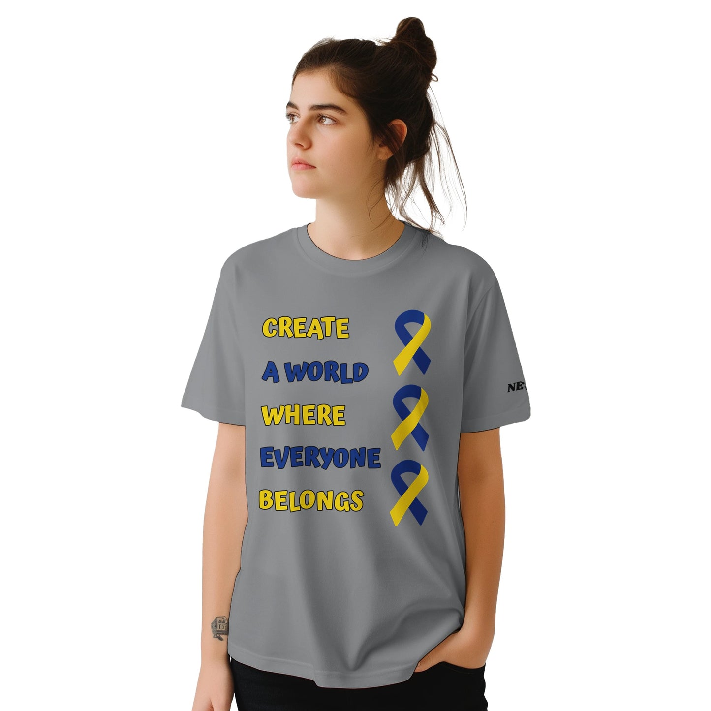 Person wearing a unisex gray down syndrome t-shirt with motivational text and a blue and yellow ribbon design.