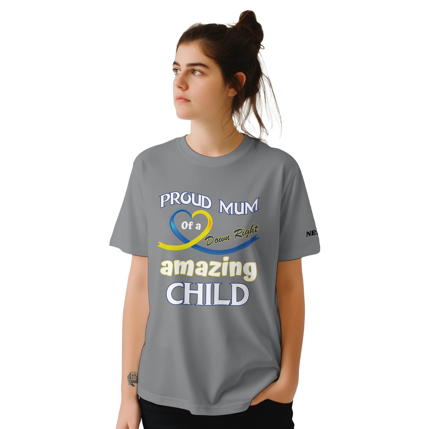 Down syndrome, awarness day proud mum shirt, Woman wearing a gray t-shirt with text and a logo on a white background