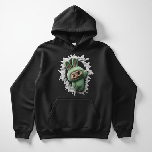 Black hoodie with a green labubu monster character design on a white background