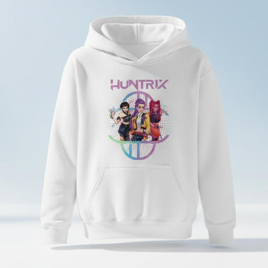 White hoodie with 'Huntrix' logo featuring cartoon characters on a light blue background