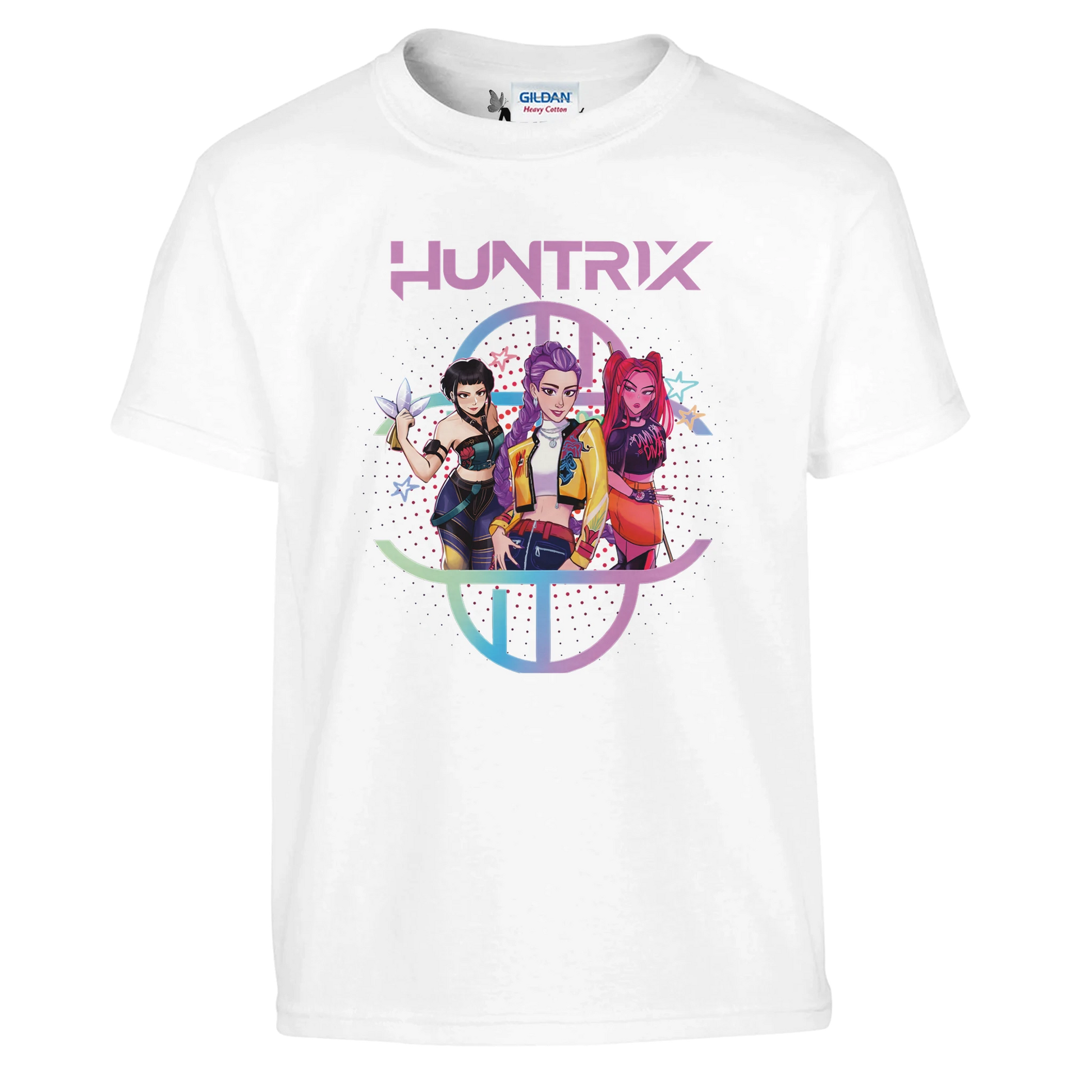 White t-shirt with 'Huntrix' design featuring three characters on a white background