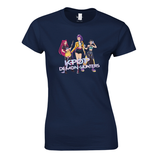 Navy blue t-shirt with 'KPOP Demon Hunters' graphic design on a white background