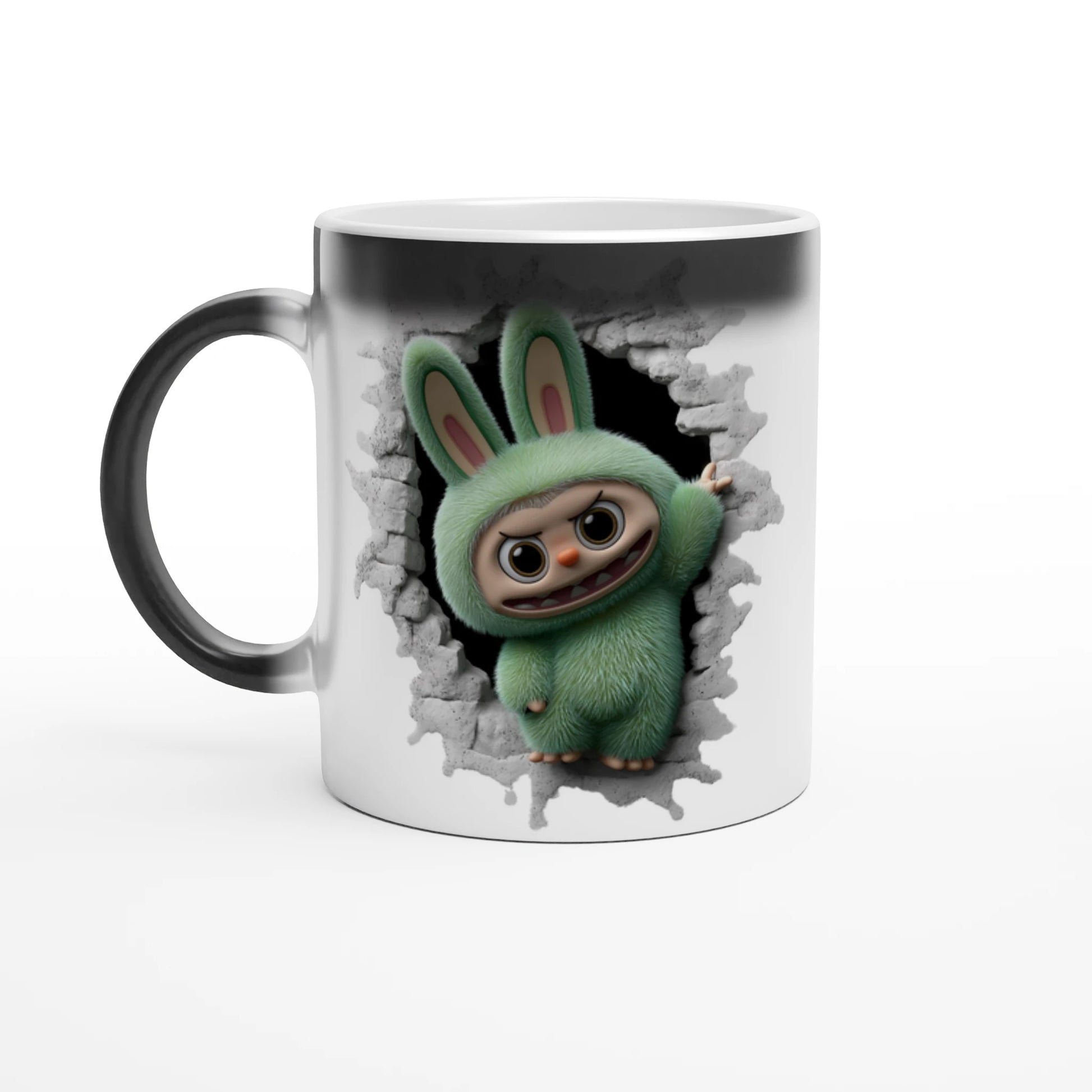 Mug with a cartoon character peering through a hole in the wall design