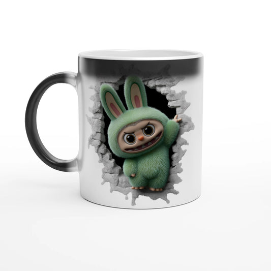 Mug with a cartoon character peering through a hole in the wall design