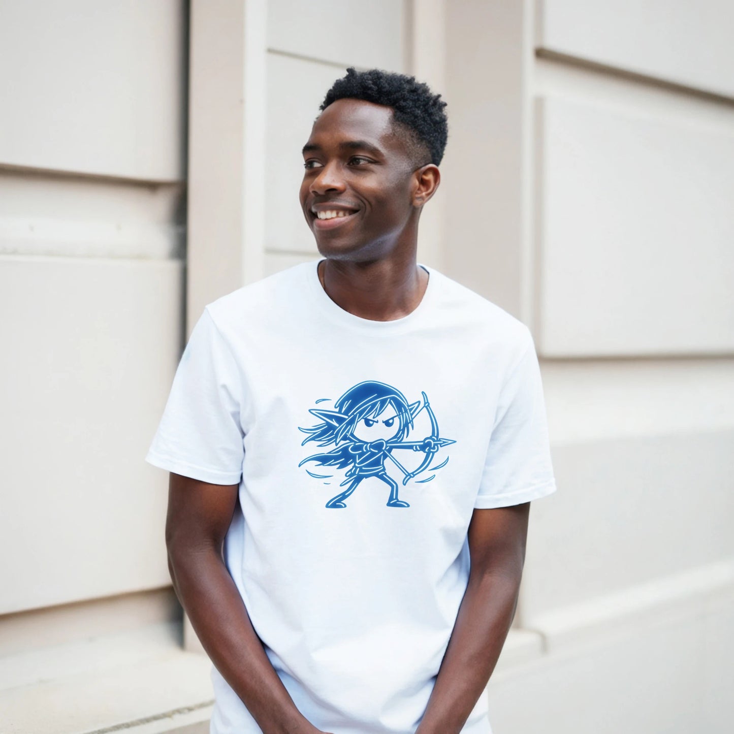 Man wearing a White t-shirt with blue line art graphic of sylvanas the dark elf archer as a stick man - line art design, standing against a light-colored wall.