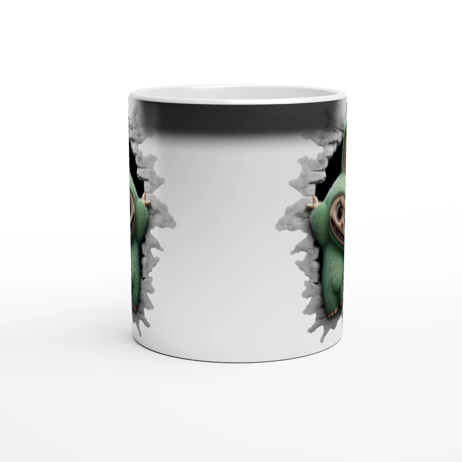 Mug with a design of a green parrot on a white background