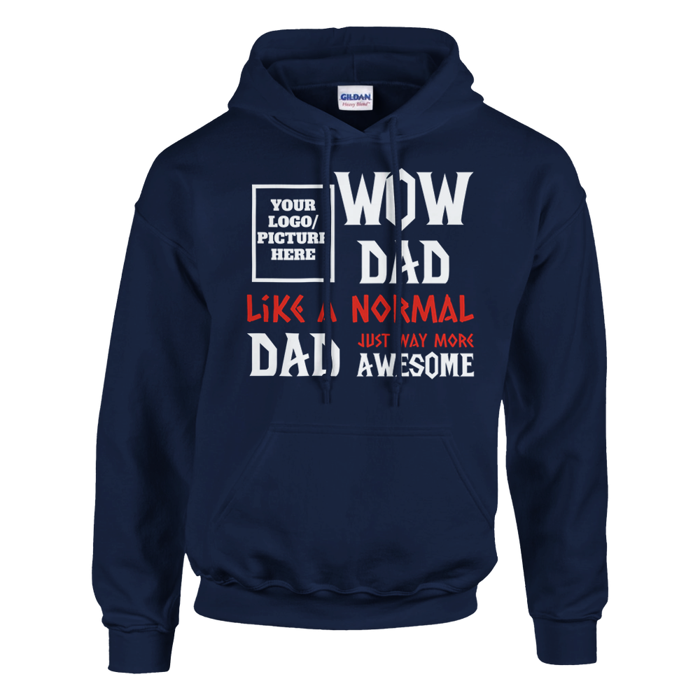 Navy blue hoodie with text and a logo placeholder on a white background