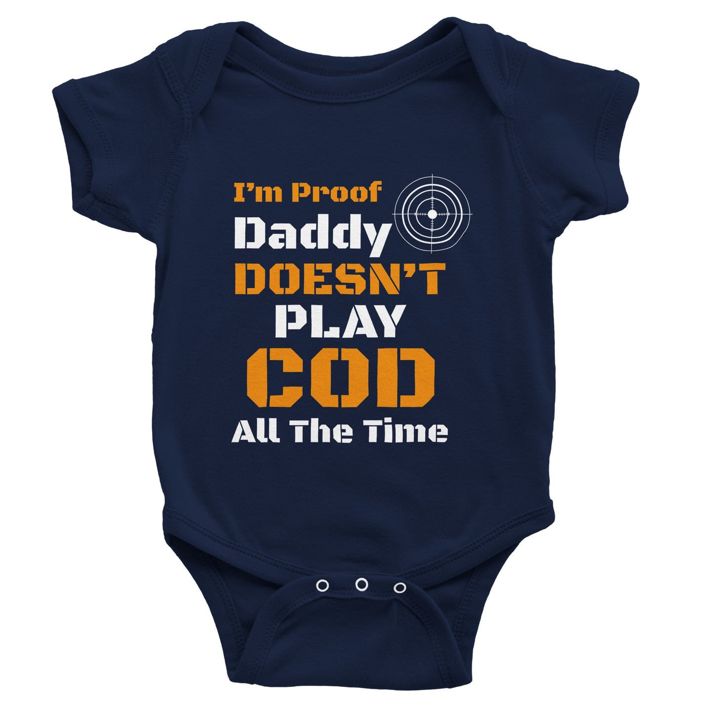 Navy blue baby onesie with humorous text design on a white background