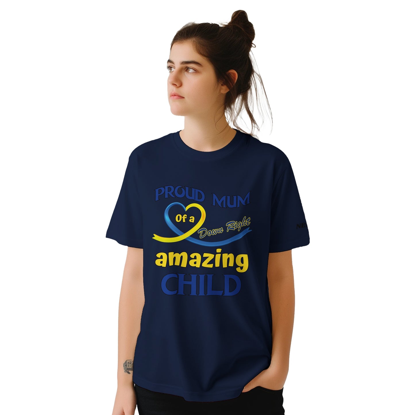 Proud mum, Down syndrome awarness day shirt, woman wearing a navy blue t-shirt with text and a heart design on a white background