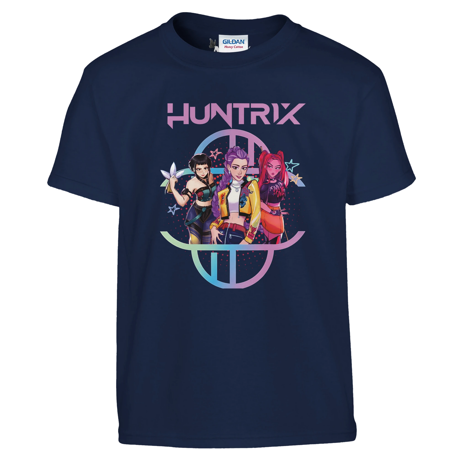 Navy blue t-shirt with 'HUNTRIX' graphic design featuring three characters on a white background.