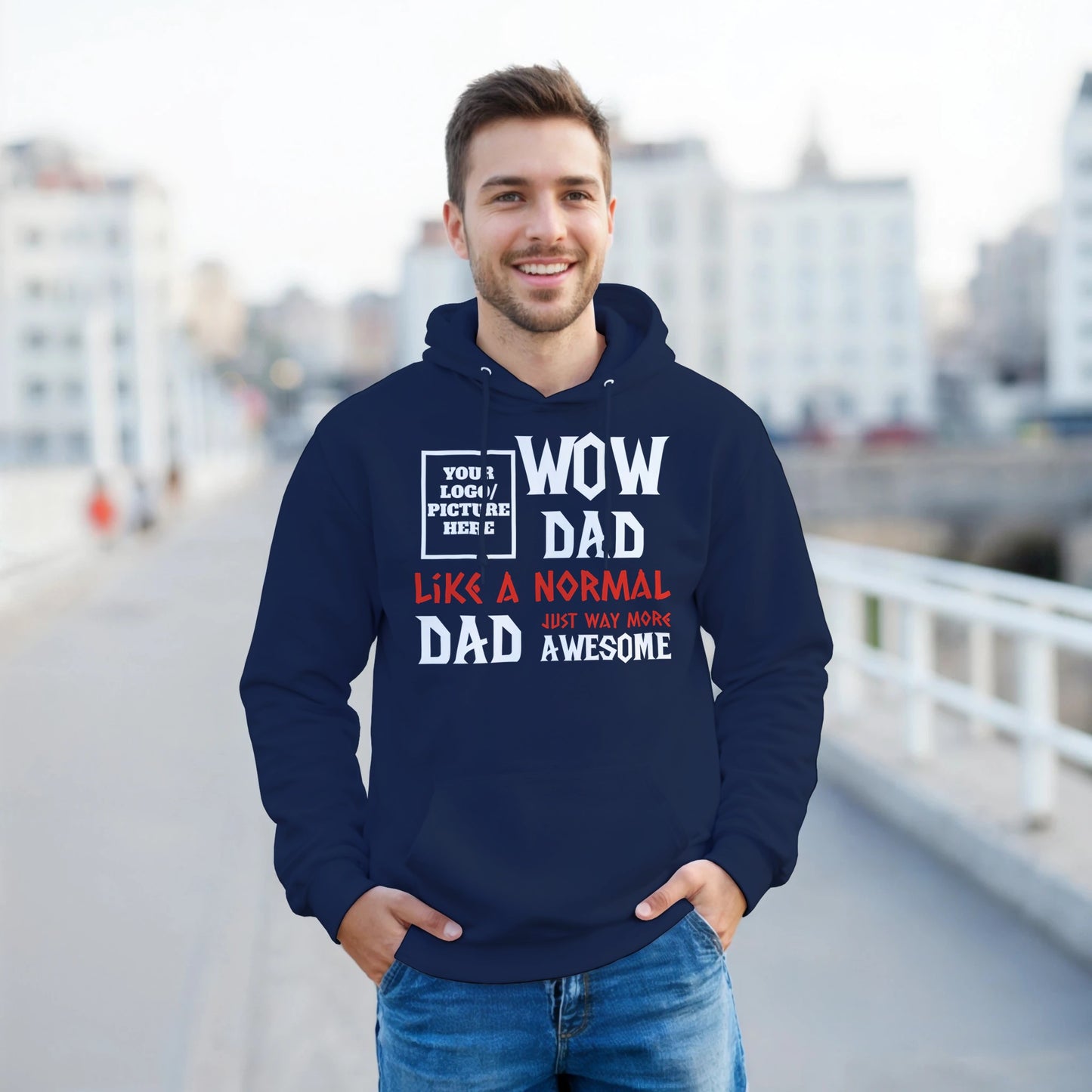 Man wearing a navy hoodie with humorous text design, standing outdoors.
