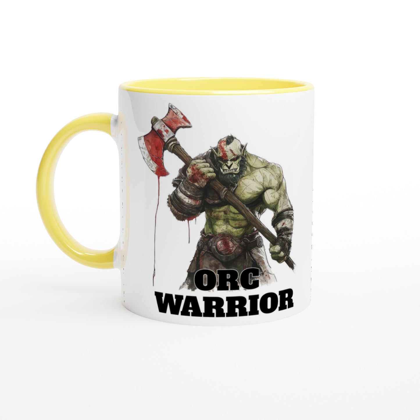 A ceramic coffee mug with a yellow handle and rim featuring a hand-drawn design of an orc character with the text 'ORG WARRIOR' on the front.