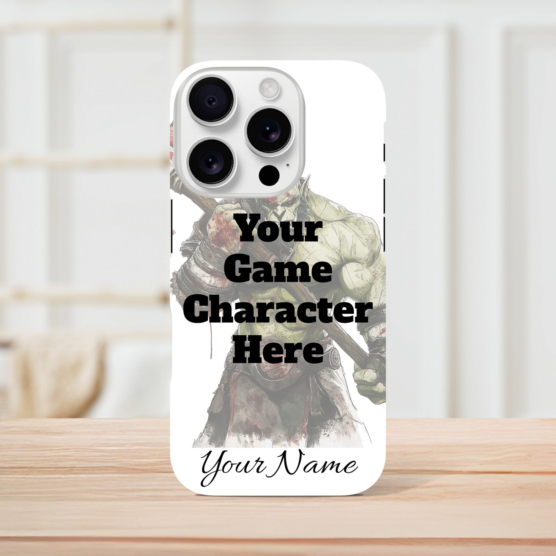 iPhone case with customizable text and picture placed on a wooden surface