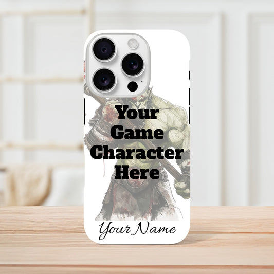 iPhone case with customizable text and picture placed on a wooden surface