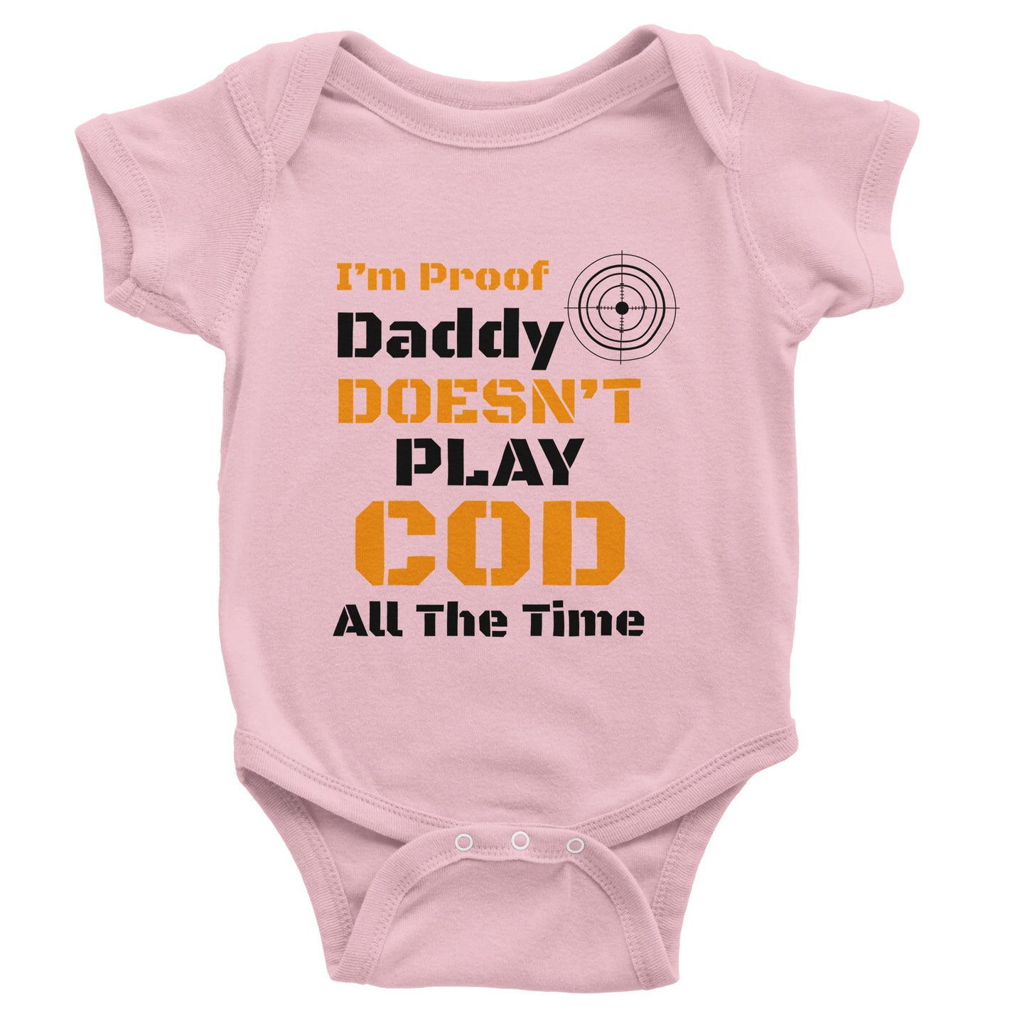 Pink baby onesie with humorous text design on a white background