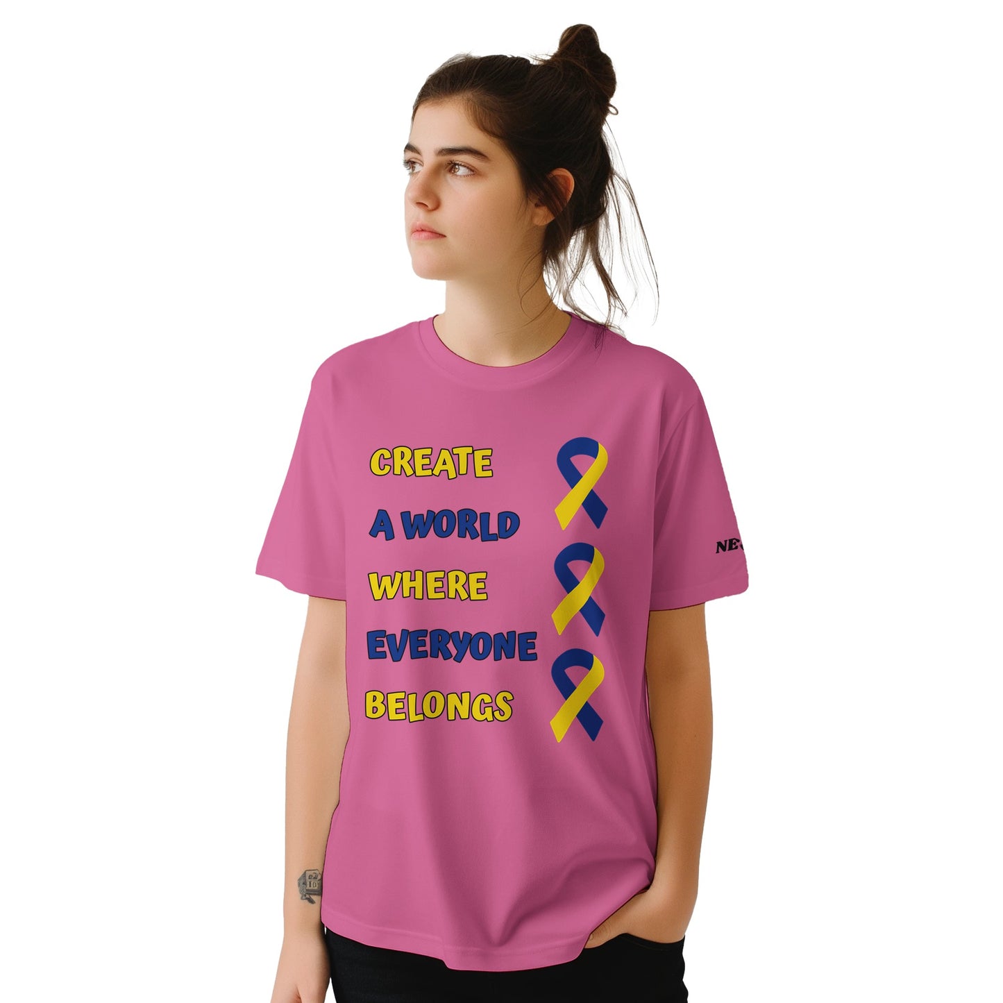 woman wearing a pink down syndrome t-shirt with a message and blue ribbon design on a white background