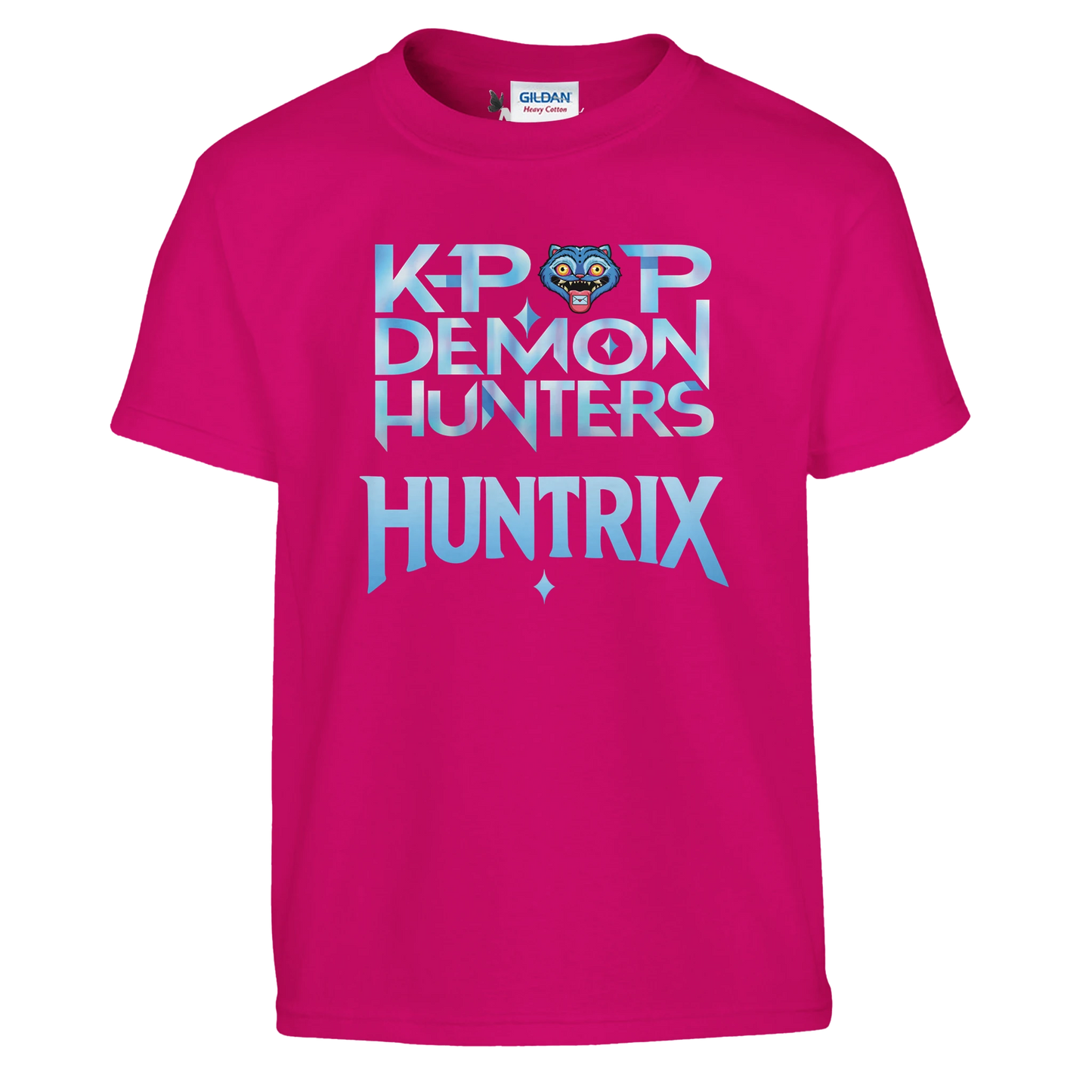 Pink t-shirt with 'K-Pop Demon Hunters Huntrix' text on a white background