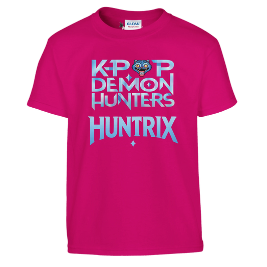 Pink t-shirt with 'K-Pop Demon Hunters Huntrix' text on a white background