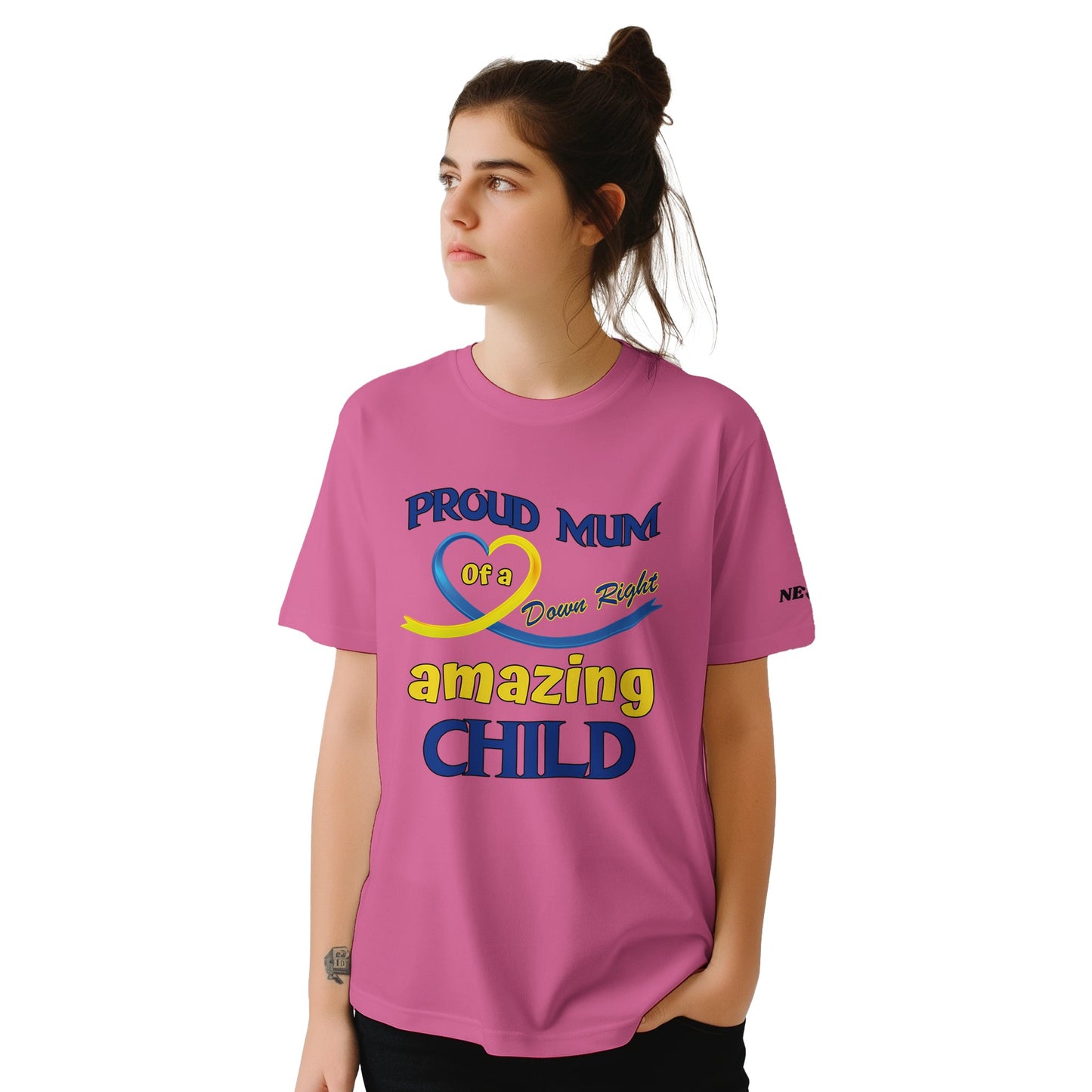 Down syndrome, Person wearing a pink t-shirt with text and a logo on a white background, proud mum shirts