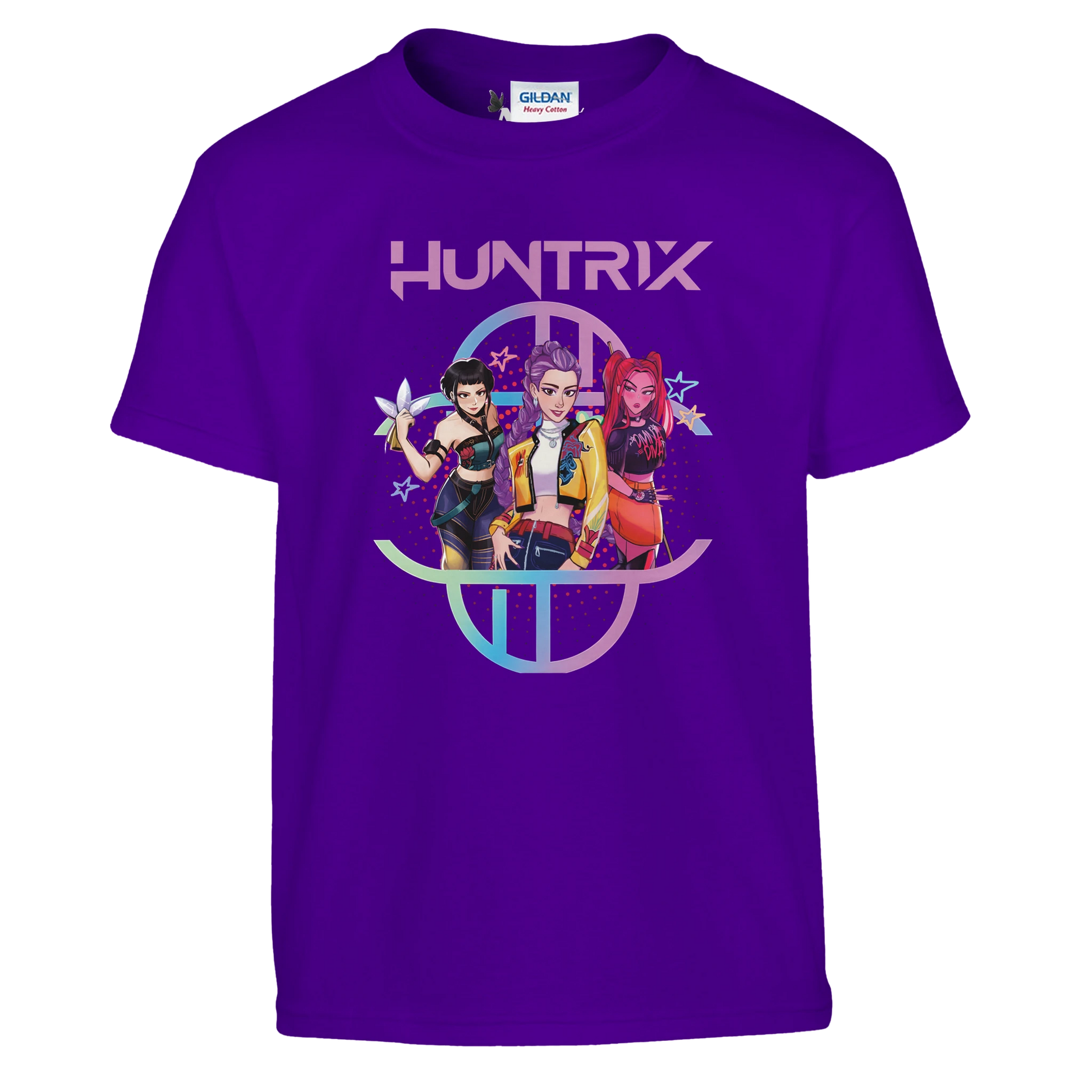 Purple t-shirt with 'HUNTRIX' design featuring three characters on a white background