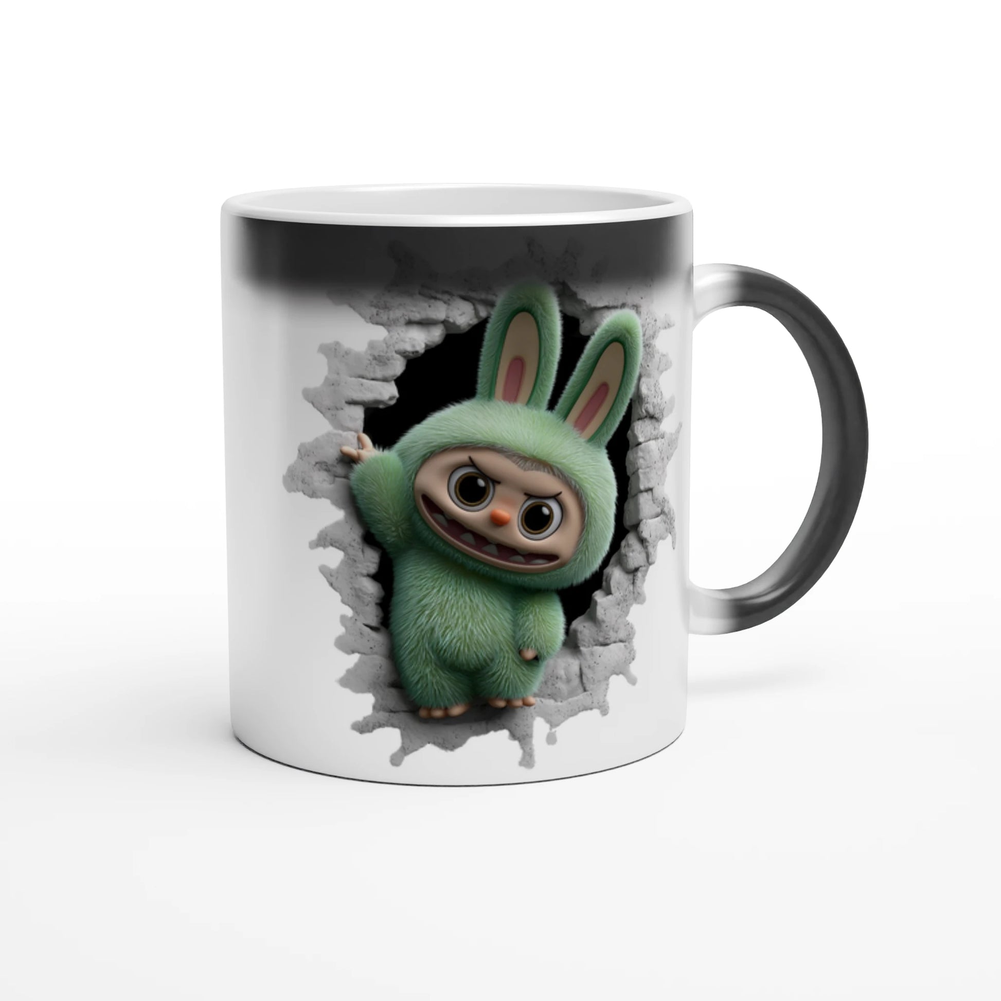Mug with a green cartoon character peering through a hole in the wall design.