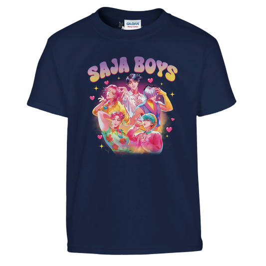Navy blue t-shirt with colorful graphic and 'Saja Boys' text on a white background