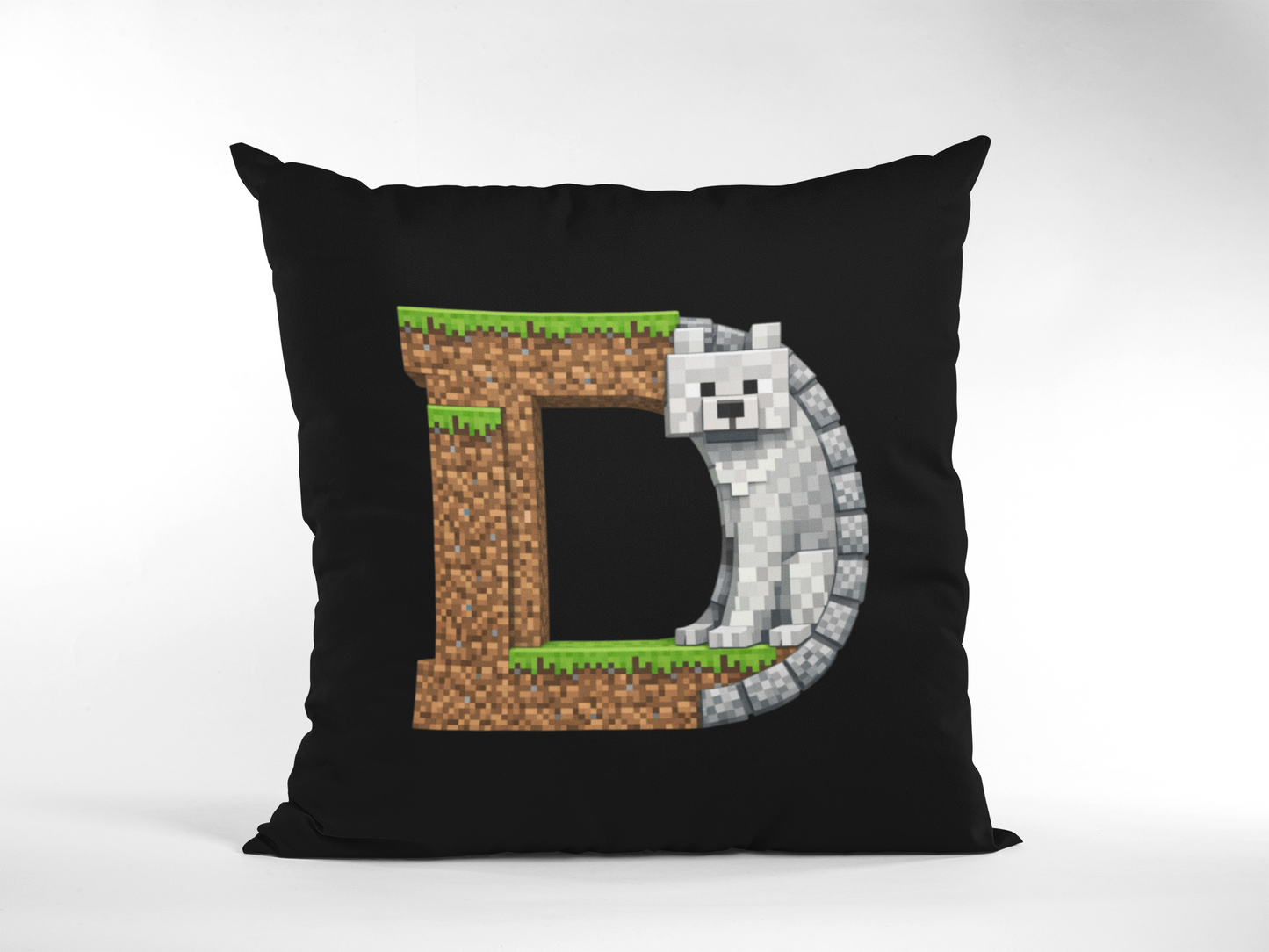 Black pillow with pixelated design of a dog and letter 'D' on a white background