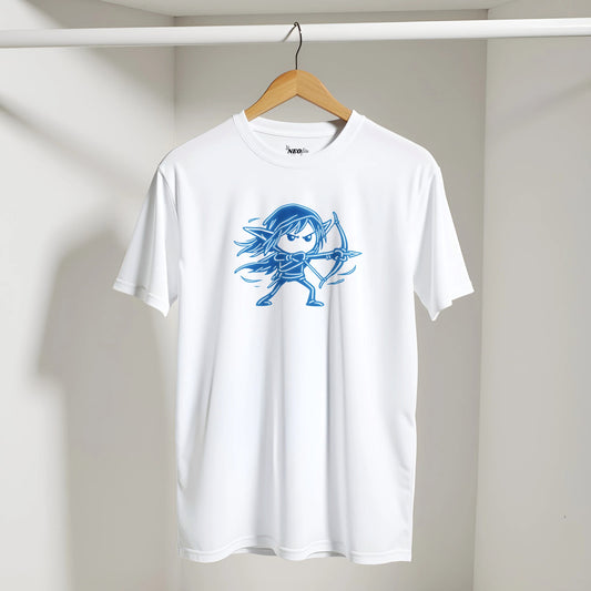 White t-shirt with blue line art graphic of sylvanas the dark elf archer as a stick man - line art design on a hanger against a neutral background