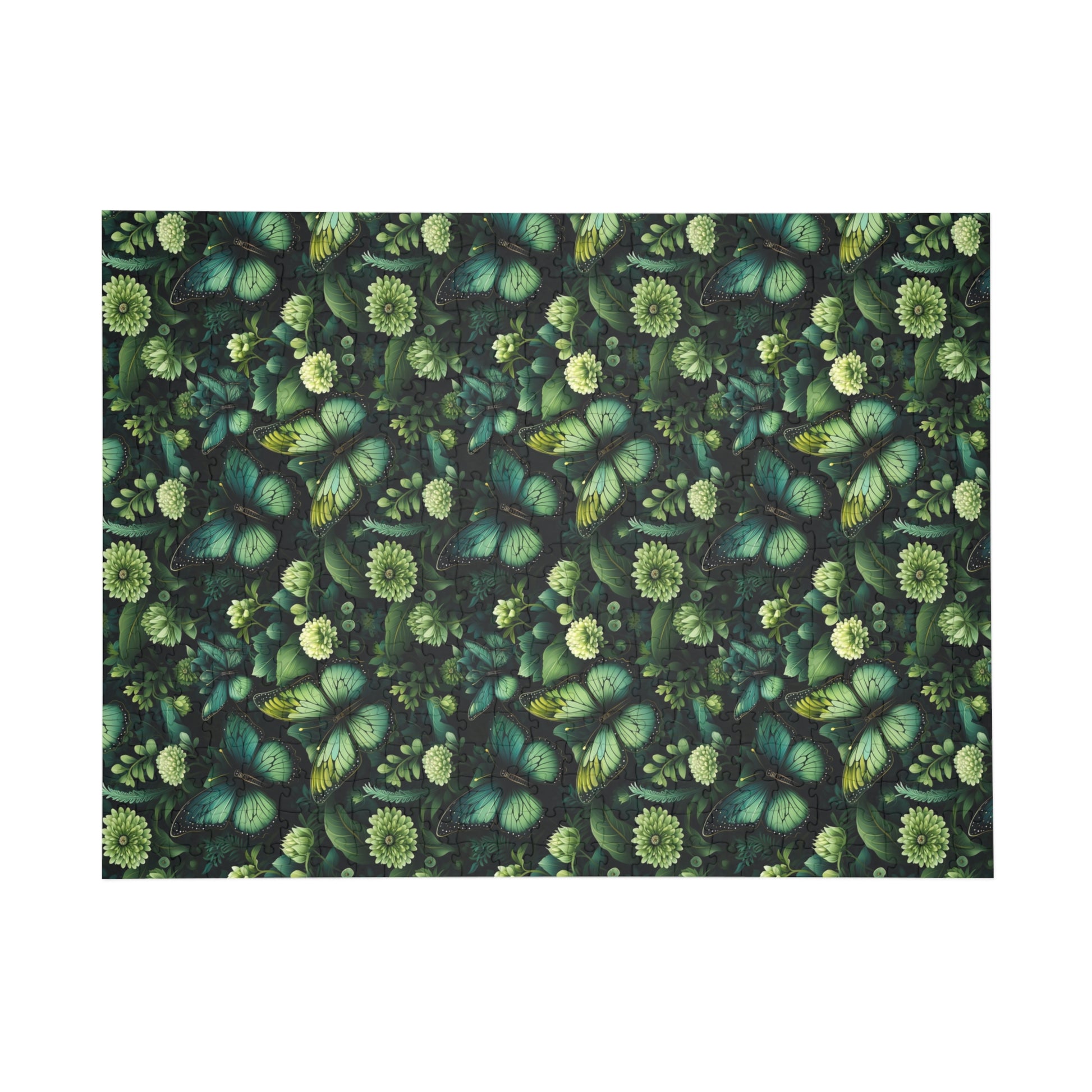 Patterned fabric with green leaves and flowers on a black background