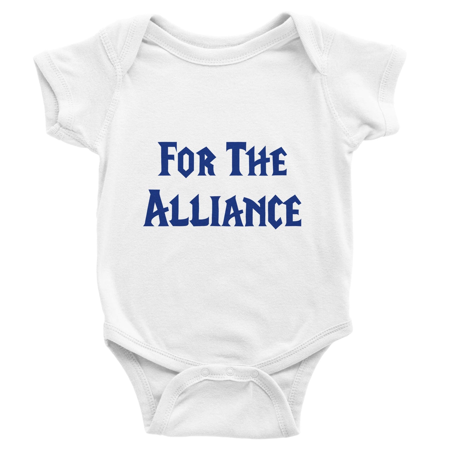 White baby onesie with 'For The Alliance' text in blue on a white background