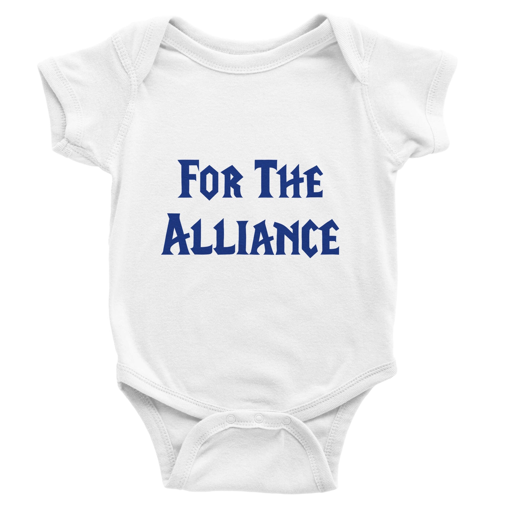 White baby onesie with 'For The Alliance' text in blue on a white background
