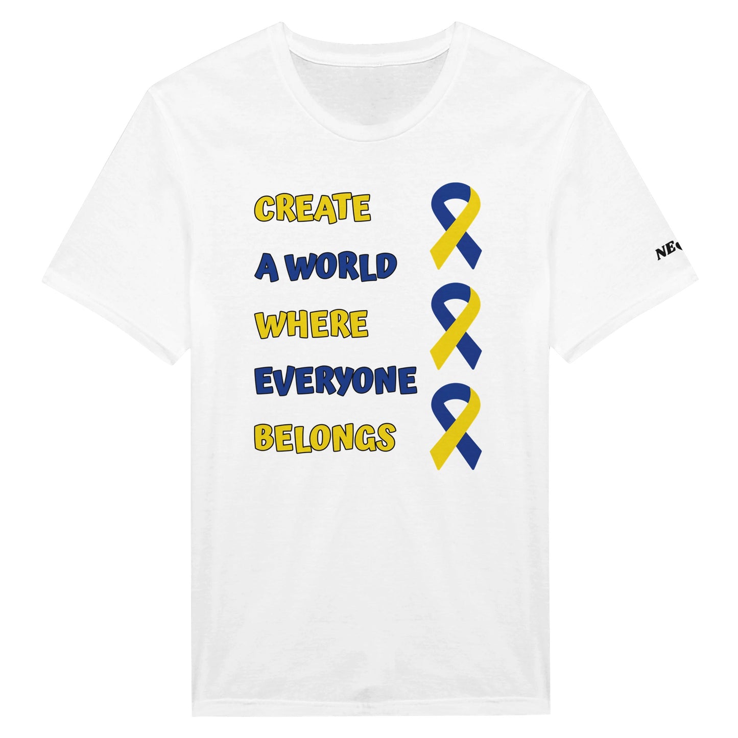 White awarness day unisex t-shirt with blue and yellow ribbons and text on a white background