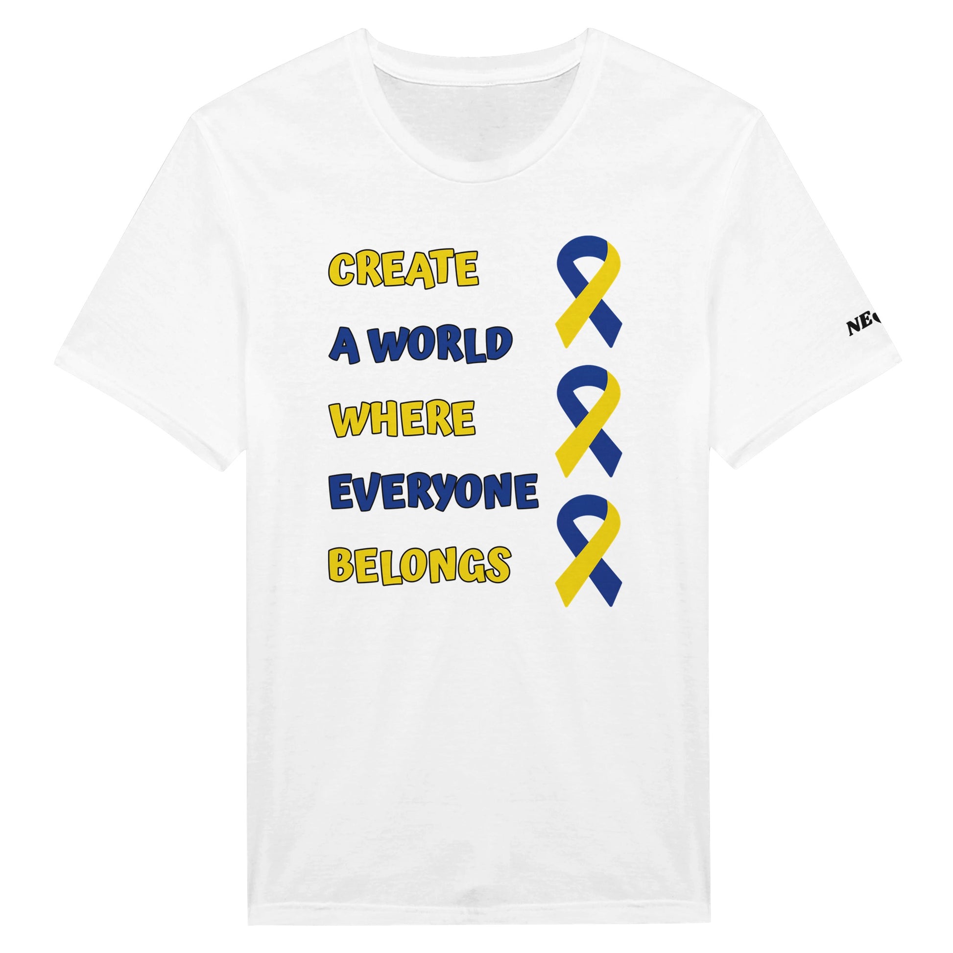 White awarness day unisex t-shirt with blue and yellow ribbons and text on a white background