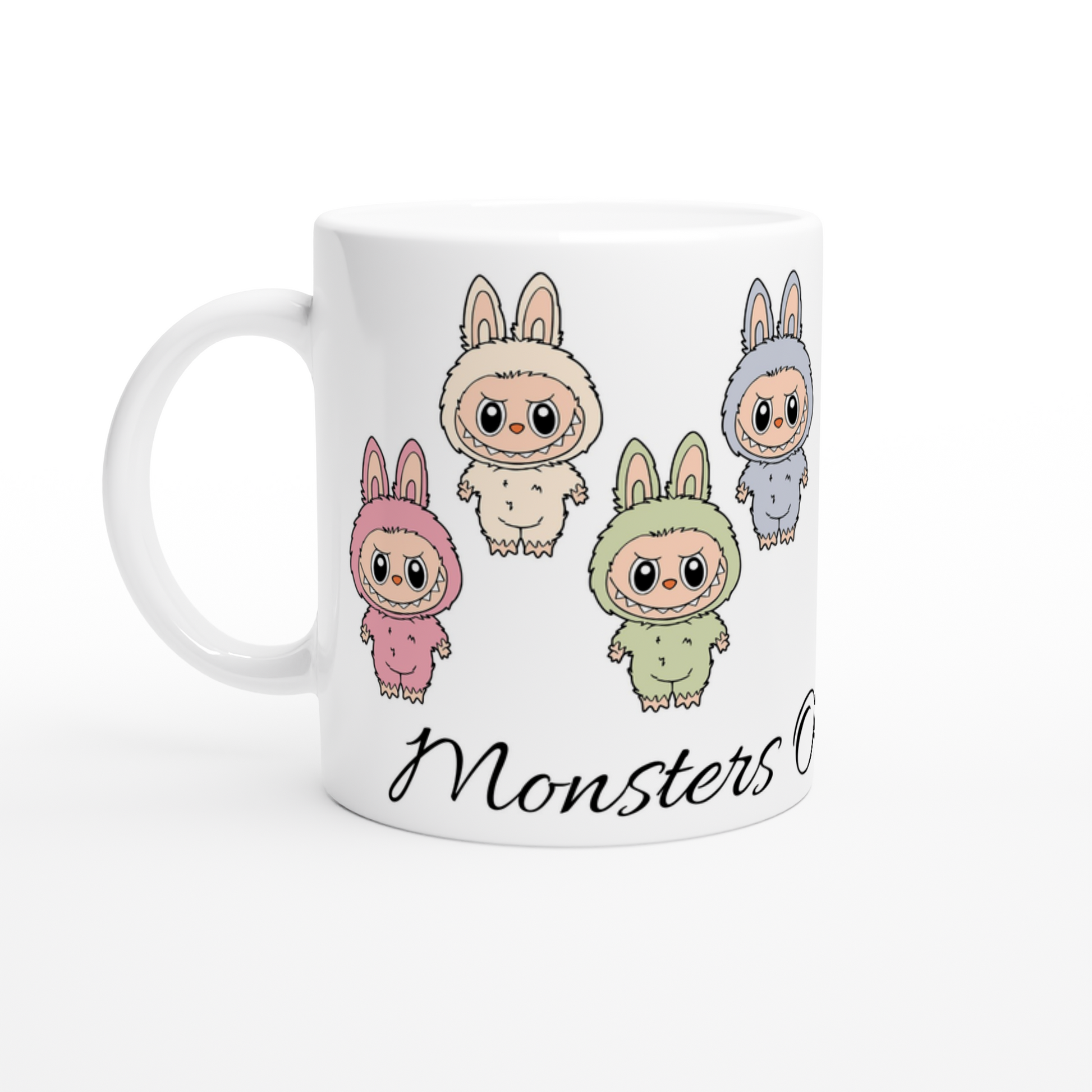 White mug with cartoon characters in colorful costumes and 'Monsters' text on a white background