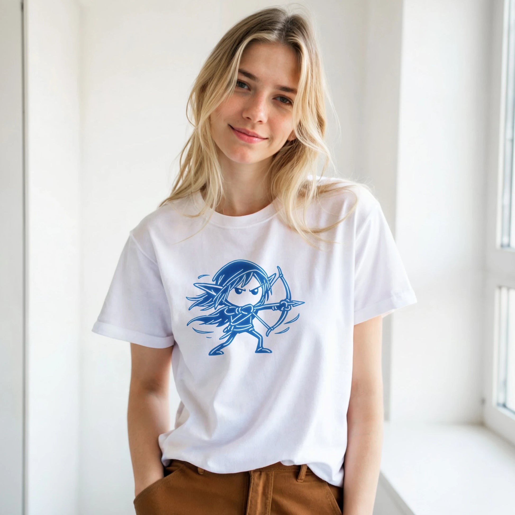 Woman wearing a White t-shirt with blue line art graphic of sylvanas the dark elf archer as a stick man - line art design, standing indoors.
