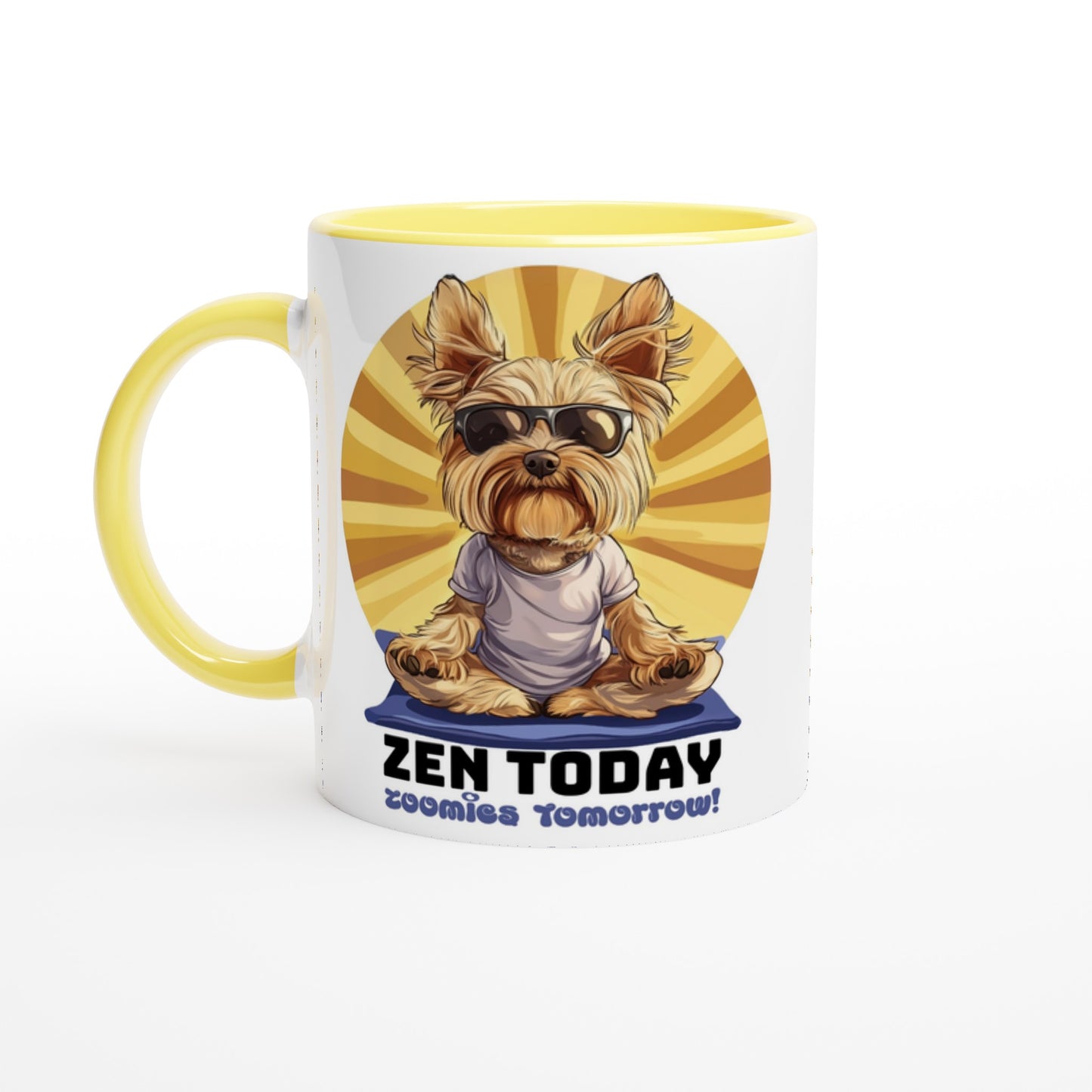 A white ceramic mug with yellow inside, with an illustration of a Yorkshire Terrier in a yoga pose, with the phrase 'ZEN TODAY' written on it.