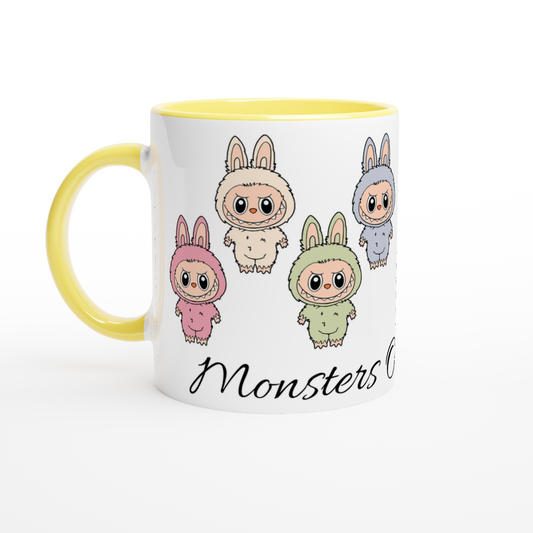 Mug with cartoon labubu monsters in colorful costumes on a white background